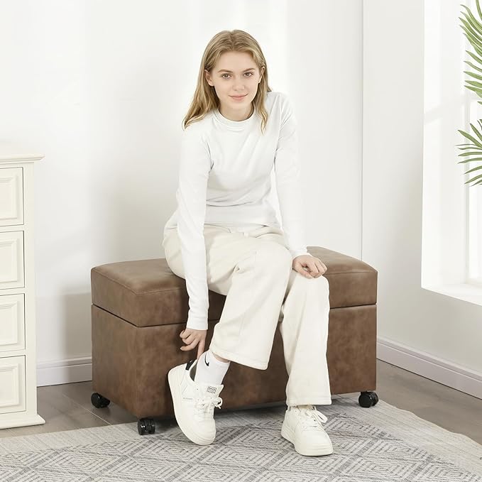 Joveco 32" Leather Storage Ottoman Bench with Wheel, Rectangle Foot Rest Stool for Living Room, Bedroom, Entryway,Earthy Light Brown Veining