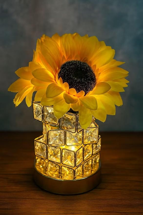 Crystal Cube LED Night Light with Sunflower Vase, USB Rechargeable Table Lamp, 3 Color Modes, Touch Control, Decorative Accent Light for Bedroom, Home (Rubik's Cube Crystal (Sunflower))