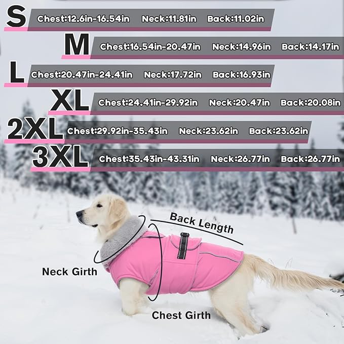 Lelepet Warm Dog Coat Reflective Fleece Vest Waterproof Dog Jacket with Adjustable Buckle Hook & Loop Windproof Cold Weather Coats for Small Medium Large Dogs, Pink, L