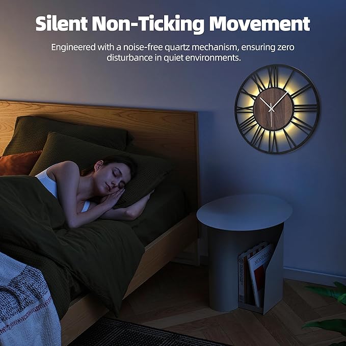 20 Inch Large Metal Wall Clock with Voice and Light Sensor Night Light, Glow in The Dark Non-Ticking Silent Battery Operated Decorative Oversized Wall Clock for Bedroom Living Room Decor