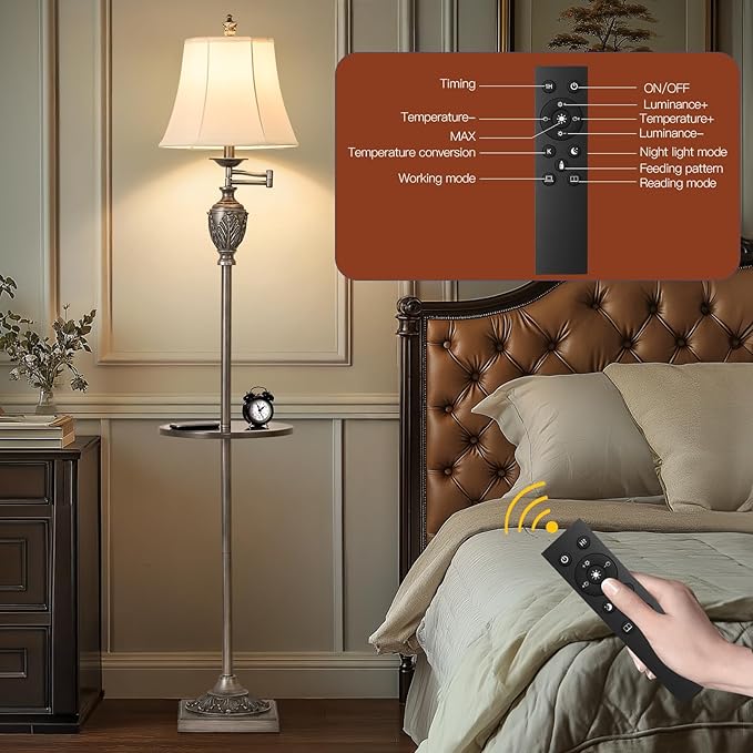 Traditional LED Floor Lamp with 350° Adjustable Swing Arm Lamp – Vintage Standing Pole lamp for Living Room, Bedroom and Office – Rustic Upright Floor Light for Home Décor with Silk Fabric Shade