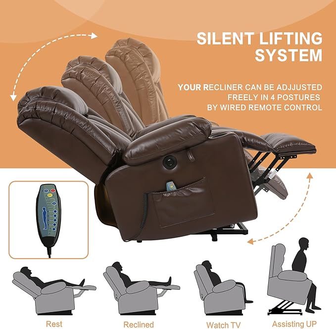 PARKOL Power Lift Recliner Chair for Elderly Breathable Leather Recliner Chair with Massage and Heat for People Limited Mobility (Brown, Small)