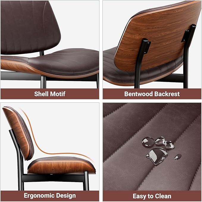 Dining Chairs Set of 2, Dining Room and Kitchen Chairs, Mid Century Modern Accent Chair, Upholstered PU Leather Chairs for Vanity with Walnut Bentwood and Metal Legs, Brown