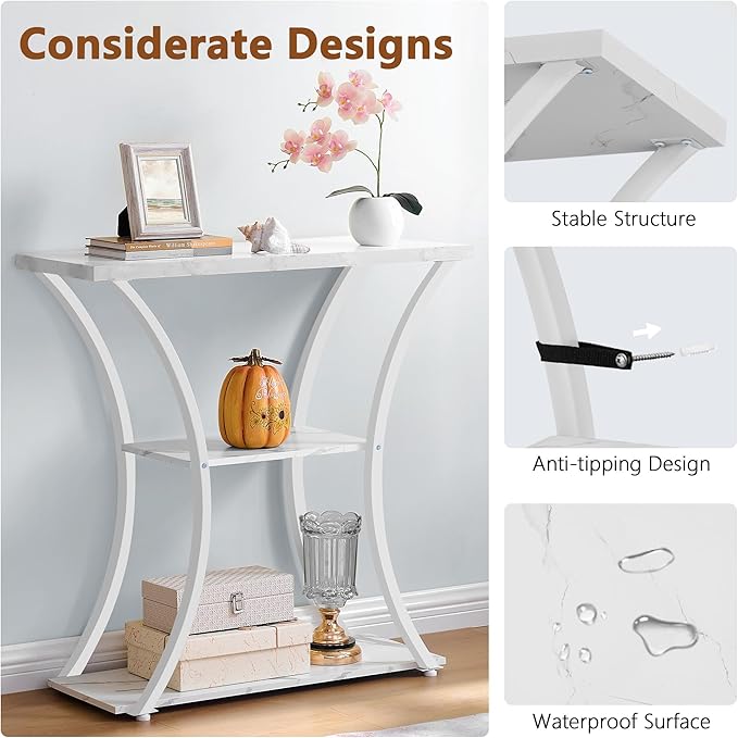 Hoctieon 3 Tier Console Table with Open Wood Shelves, Decorative Entryway Table with Curved Metal Frames, Narrow Sofa Table for Entrance, Living Room, Hallway, White Marbled