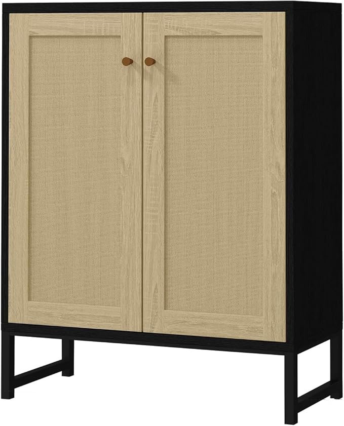 Panana Rattan Decorated 2 Doors Storage Cabinet Accent Cabinet Living Room Cupboard Kitchen Sideboard Buffet Table (Black)