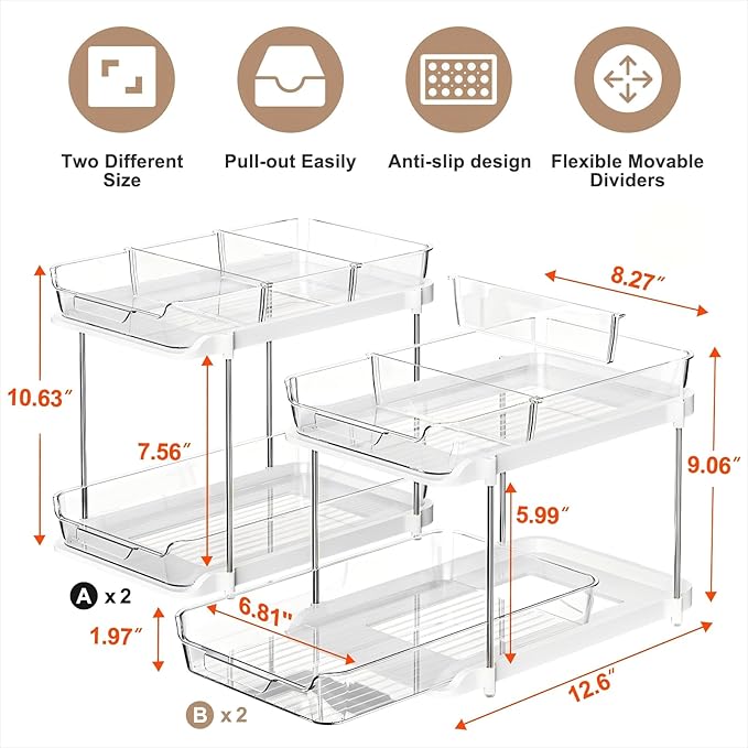 Delamu 2-Tier Multi-Purpose Bathroom Under Sink Organizers and Storage, Stackable Kitchen Pantry Organization, Pull Out Medicine Cabinet Organizer with Movable Dividers, White, 4Pack