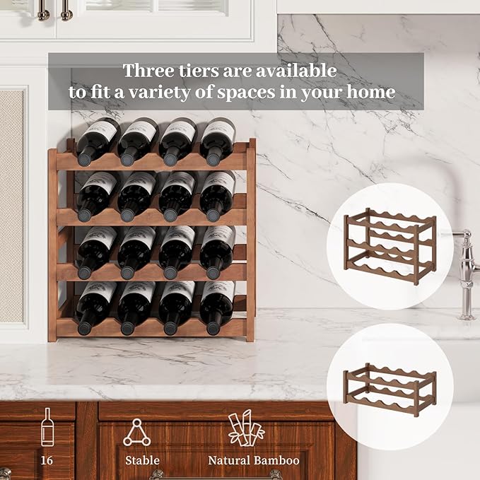Wine Rack，Bamboo Wine Storage Cabinet Shelf，Countertop Wine Shelf- Freestanding Wine Holder for Kitchen & Pantry (Brown, 4-Tier)