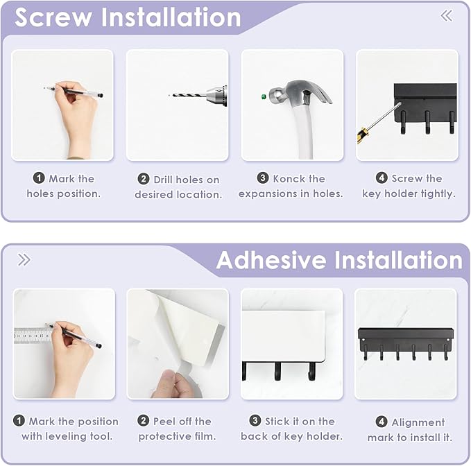 VIS'V Key Holder Wall Mount, Compact Adhesive Key Rack with Tray, 6 Hooks, 2 Mount Options, Black