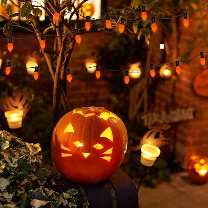 SUNSGNE C7 Halloween Orange String Lights 25FT Outdoor String Lights with 27 5W Orange Glass Bulbs(2 Spare) for Patio Garden Roofline Backyard Decorations, Black Wire