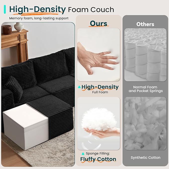 156" U Shaped Cloud Couch Sectional Couch with Deep Seat, 7 Seater Corduroy Modular Couches, Boneless Sofa with Removable Ottoman, Sectional Couches for Living Room, No Assembly Required, Black