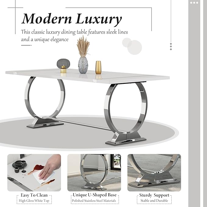 Asday 80 inch Dining Table, Luxury White and Silver Dining Room Table, Large Family Dining Table Modern Kitchen Table with Stainless Steel U-Base for Home Office Apartment