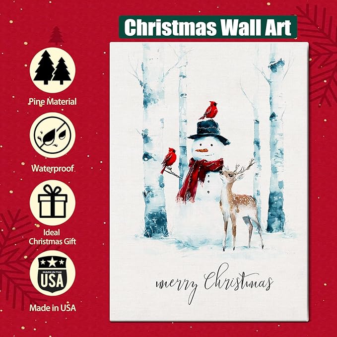 Christmas Snowman Canvas Wall Art - Rustic Winter Scene Framed Print for Farmhouse Living Room, Cozy Christmas Wall Decor, Ideal Christmas Gifts & Festive Decorations