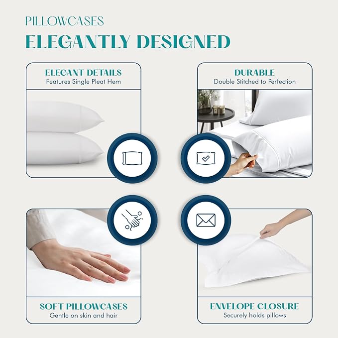 XOOX Linen 100% Egyptian Cotton Pillow Cases Standard/Queen Size Set of 2 - Luxury 1200 Thread Count Sateen White Pillow Cases, Silky Soft Cooling Pillowcases Fits Standard & Queen Size Pillows