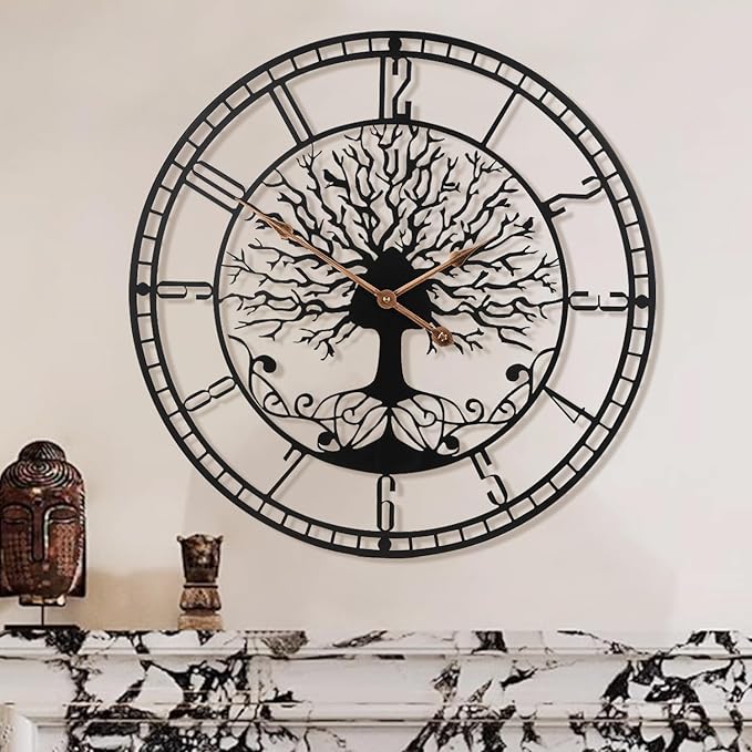 Tree of Life Wall Clock, 24inch Black Metal Wall Clock, Silent Quartz Movement, Modern Home Decor