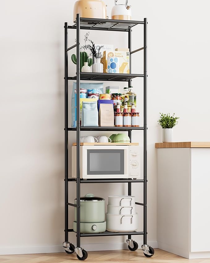 Storage Shelves Organizer - 5 Tier Metal Shelf Organizer with Metal Wheels and Adjustable Leveling Feet, Heavy Duty Garage Shelving for Kitchen, Pantry and Closet, 18.1"x12.6"x58.7", Black