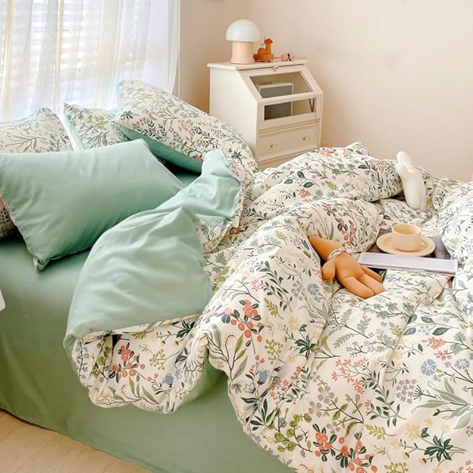 Floral Wildflower Duvet Cover Full Sage Green Botanical Duvet Cover 100% Cotton Vintage Floral Bedding Set Full Rustic Garden Flower Comforter Cover Girls Cottagecore Bedding Set with 2 Pillowcases