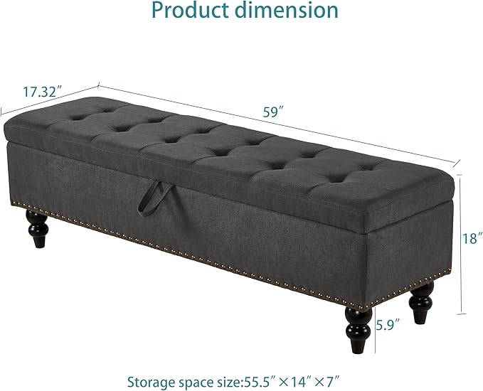 mikibama Linen Storage Bench for Bedroom End of Bed,59" Long Tufted Bed Bench with Storage,Modern Mid Century Storage Ottoman Bench for Window,Entryway,Living Room Solid Wood Legs (Grey)