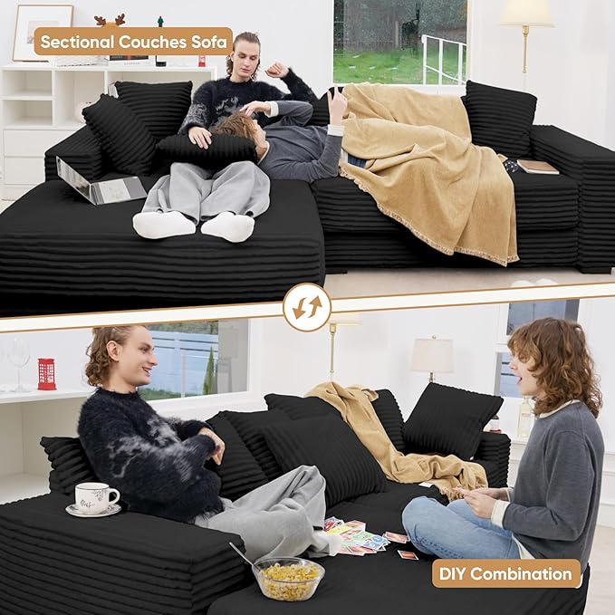 111‘’ Sectional Cloud Couches with L Shaped Chaise, Extra Large Sleeper Couch Reversible Corduroy with 8pcs Pillows for Living Room, Bedroom
