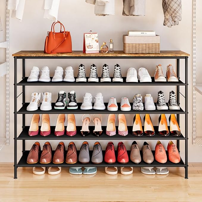 Shoe Rack Organizer 5 Tier Long Metal Organizer Shelf with Industrial MDF Board and Layer Fabric for Entryway Closet Bedroom Living Room Garage,Black & Rustic Brown