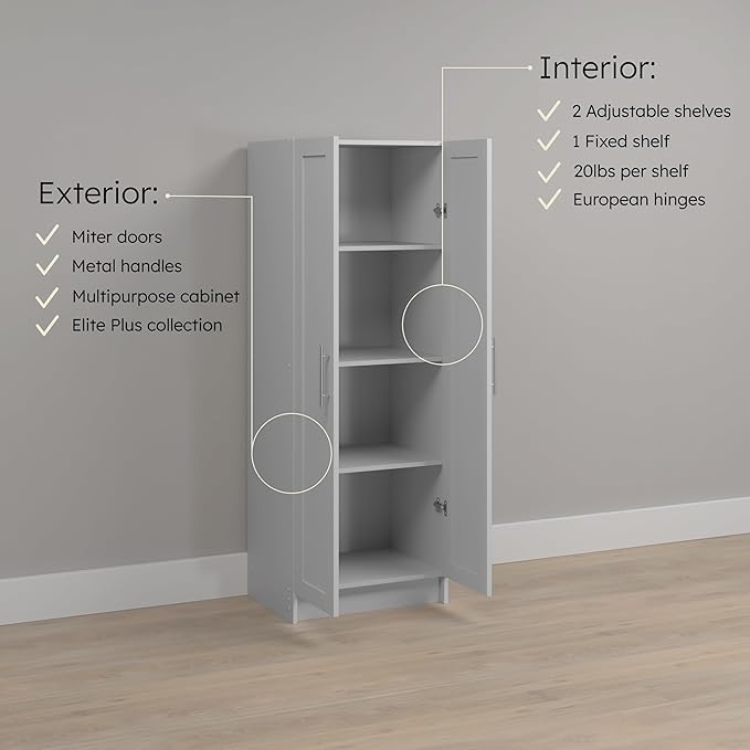 Prepac Elite Plus 24" Wide Storage Accent Cabinet with Panel Doors, White Storage Cabinet, Bathroom Cabinet, Pantry Kitchen with 3 Shelves 16.75" D x 24" W x 65" H