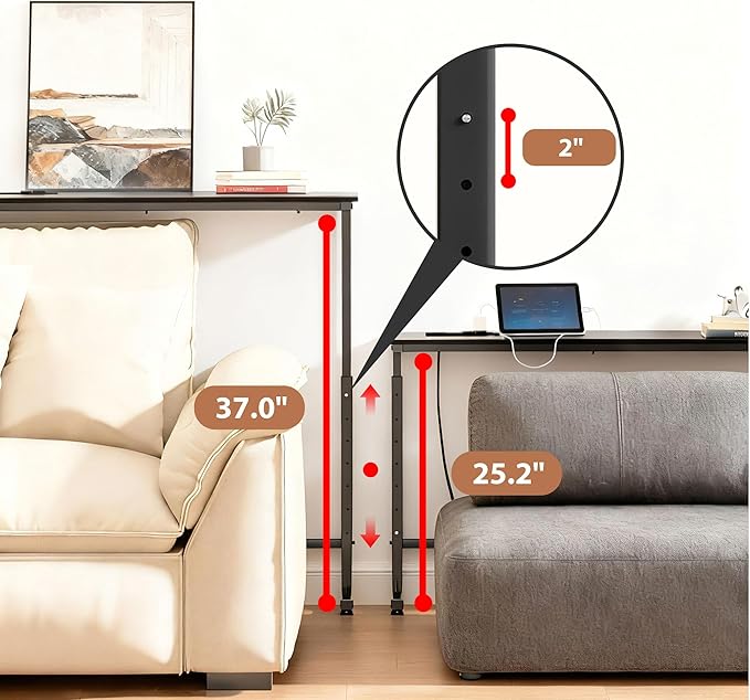 78 inch Narrow Console Table with Outlet,Adjustable Height(25"-37") Behind Sofa Table,Couch Behind Table Skinny,Couch Shelf with Charging Station,Long Entryway Table for Living Room,Black