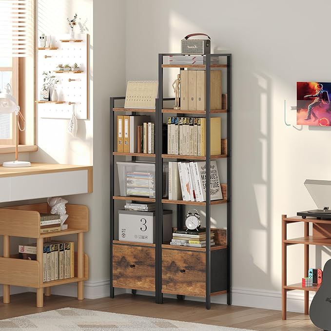 Bookshelf, 5-Tier Bookcase with Drawer, Small Book Shelf for Small Space, Storage Shelf Organizer, for Living Room, Bedroom, Study, Kitchen, Rustic Brown and Black BKHR55101