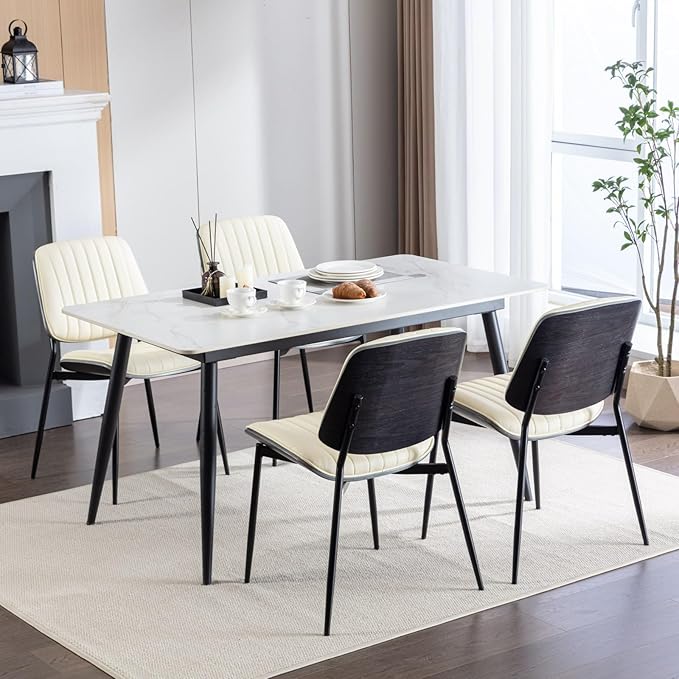 Dining Chairs Set of 8, Mid Century Modern Accent Dining Room and Kitchen Chairs, Upholstered PU Leather Vertical Stripe Chairs for Vanity with Walnut Bentwood and Metal Legs, Beige