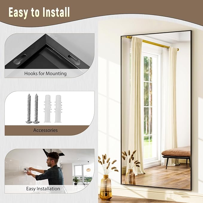 GLSLAND 76"x34" Full Length Mirror Oversize Rectangle Full Body Mirror Aluminum Alloy Frame Freestanding Mirrors for Bedroom Living Room Dressing,Black