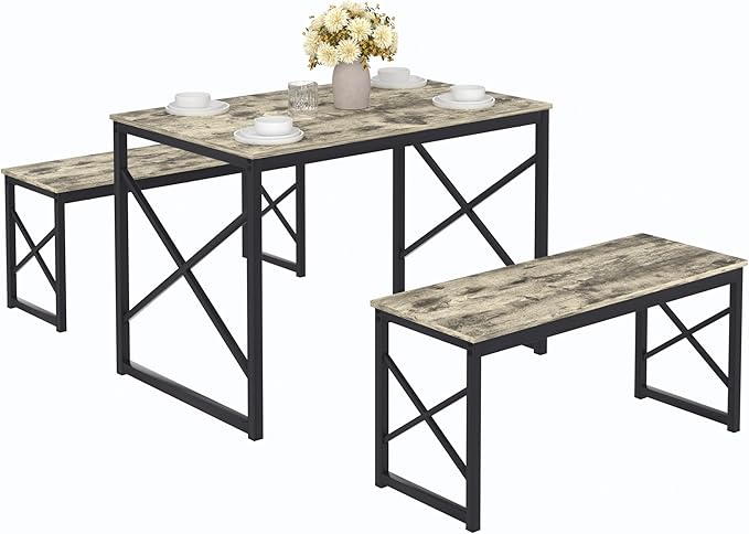 VECELO Kitchen Dining Table Benches Set for 4, 43.3" Wooden Dinette with 2 Benches, Heavy-Duty Dining Room Table for Small Space, Breakfast Nook, Grey