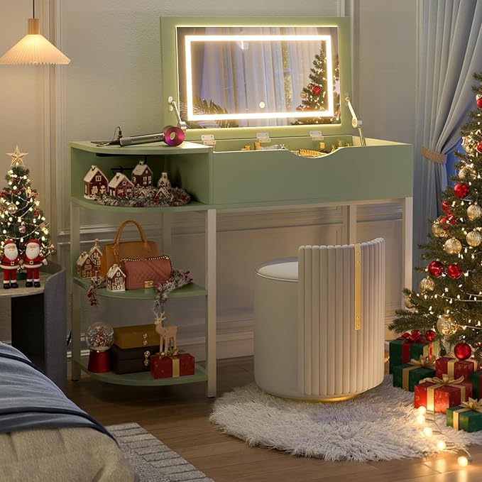 Cyclysio Vanity Desk with Flip Top Mirror and Lights, Makeup Vanity Desk with Drawers, Dressing Table with Storage Shelves & Charging Station, Small Vanity for Small Spaces, Green