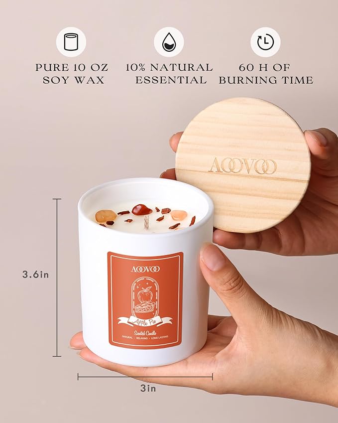 AOOVOO Apple Pie Scented Candles for Women - Aromatherapy Candle with Crystals Inside, 10oz Soy Candles for Home Scented, Birthday Gifts Christmas Candle for Women Mom