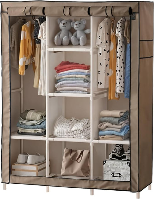 DivaDee Portable Wardrobe Closet with Cover – Freestanding Clothes Organizer with 8 Storage Shelves & Dual Hanging Rods – Spacious Closet for Bedroom, Dorm