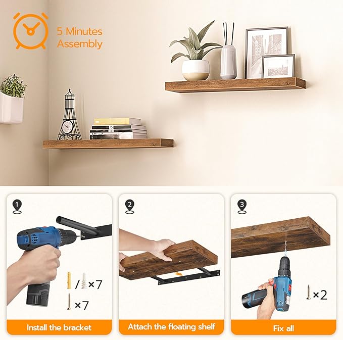 HOOBRO Floating Shelves for Wall, Wall Mounted Shelf Set of 2, 39.4" Hanging Shelf with Invisible Brackets, for Wall in Bathroom, Bedroom, Toilet, Kitchen, Living Room, Rustic Brown BF100BJP201G2