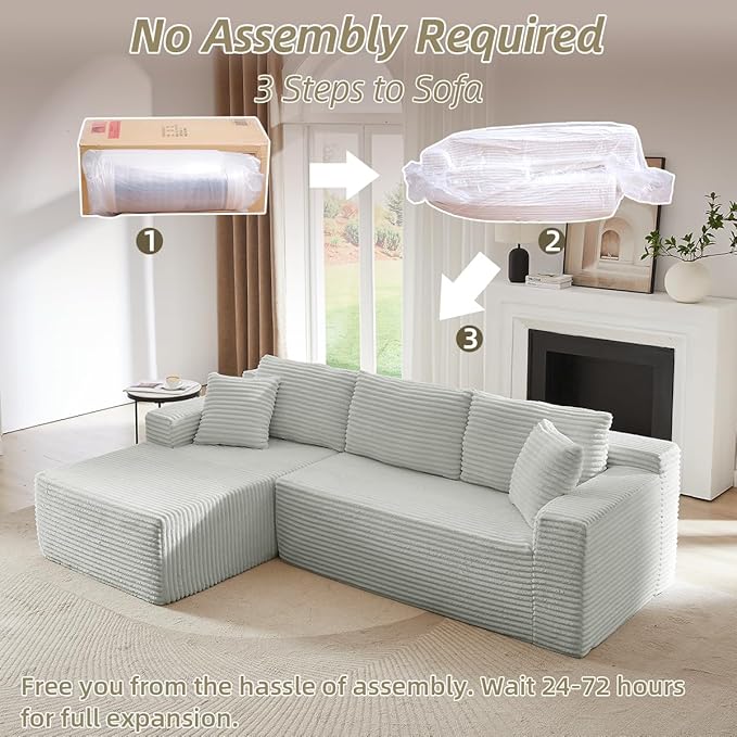 Modular Cloud Sectional Couch with L-Shape Chaise,Modern Upholstered Couches with Deep Seat,Corduroy Sponge Compressed Sofa for Living Room,No Assembly Required (Light Gray)