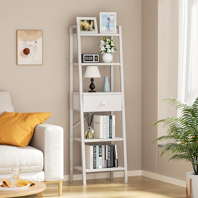 Furologee 5 Tier Bookshelf, Ladder Shelf with Drawer, Tall and Narrow Bookcase, Storage Shelves Organizer,Industrial Display Standing Units for Bathroom,Kitchen,Bedroom,Living Room,White