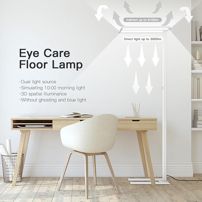 STERREN 76" Led Floor Lamp, 105W White Modern Free-Standing Lamp,11100LM Dimmable Eye-Care Tall Reading Lamp for Reading Study Room,Office,Meeting Room,4000K Natural Daylight