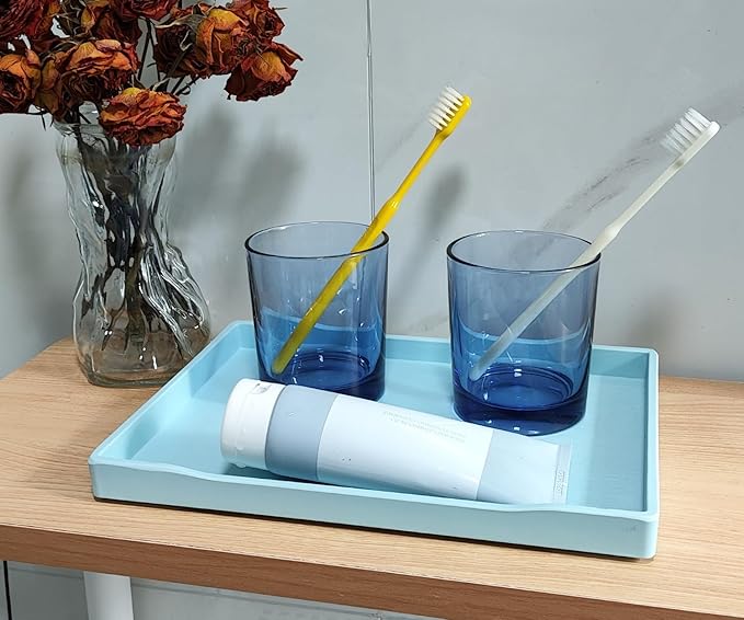 Blue Small Serving Tray (9.5 x 7 inch), Countertop Organizer for Bathtub Bathroom Vanity Items, Serving Accessory, Coffee, Drinks, Tea, Party, Spa, Perfume and Display Use.