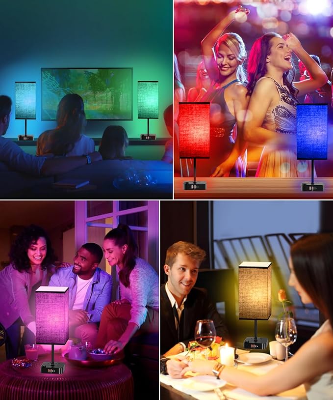 RGB Table Desk Lamp with 16 Million Colors & Music Sync | Smart Color Changing Nightstand Light Stepless Dimmable Warm-Cool White + USB Charging AC Outlets for Gaming,Home Office,Bedroom Mood Lighting