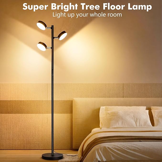 Tree Floor Lamp for Living Room - Modern Black Standing Lamp, LED Floor Light with Remote & Touch, 3000K-6000K Dimmable for Bedroom Office Reading (3 Head)