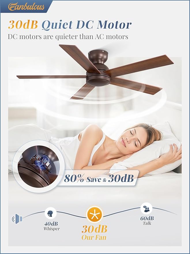 48 Inch Low Profile Ceiling Fan without Lights, Brown Farmhouse Ceiling Fan no Light, 6-Speeds, Quiet Reversible DC Motor, Indoor/Outdoor Ceiling Fans with Remote for Patio, Living Room, Bedroom