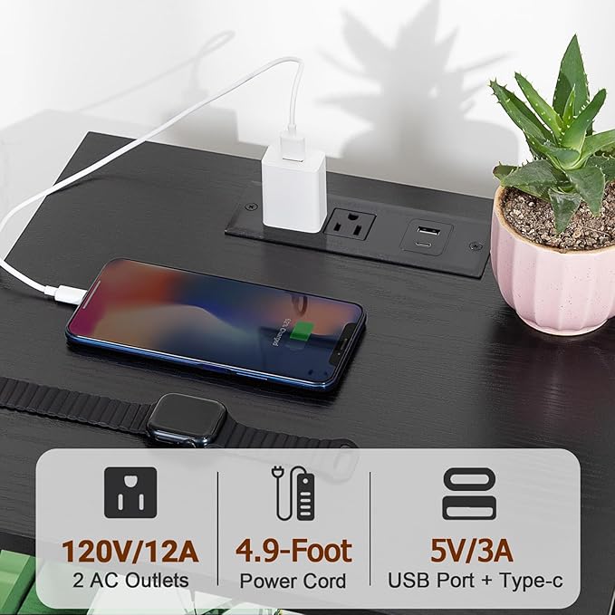 AMHANCIBLE Night Stand Set 2, LED Nightstand with Charging Station, End Tables Living Room with Fabric Drawers, Bedside Table for Bedroom, Black, HET052LBK