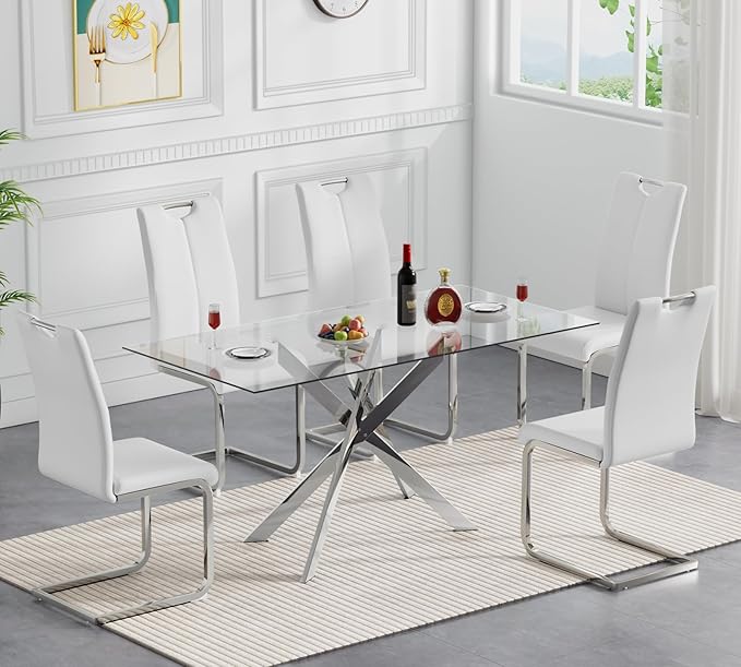 Modern Glass Dining Table Set for 4, Silver Glass Kitchen Table and Chairs Set of 4, 5 Piece Dining Room Table Set with 61" Rectangular Metal Glass Dinner Table and 4 White Leather Dining Chairs