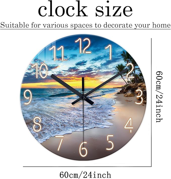 24 Inch Glass Large Wall Clocks for Living Room Decor Palm Tree Battery Wall Clock Modern Coastal Blue Wall Clock Silent