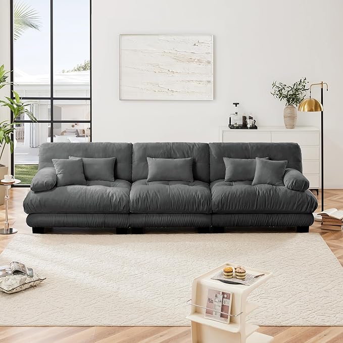 133.8" Oversized Couch, 3 Seater Modular Sectional Sofa, Grey Large Sectional Fluffy Couch Set, Chenille Cloud Couch with 5 Pillows, Deep Seat Sofas for Living Room