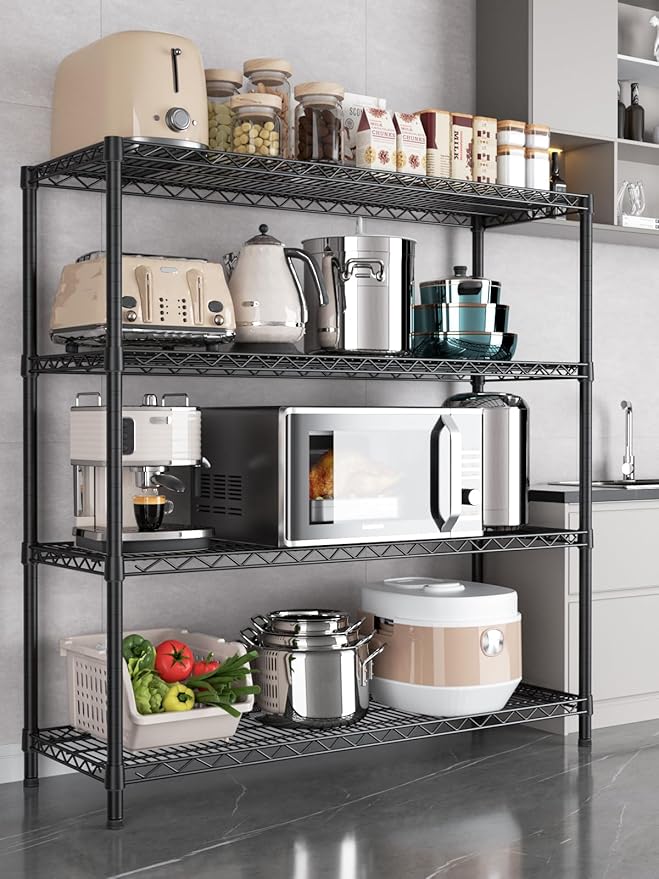 4 Tier Adjustable Storage Shelves,Heavy Duty Metal Utility Shelf 1400LBS Capacity Wire Shelving Unit Organizer Rack for Kitchen Office Pantry Room 18" D x 46" W x 59" H Black