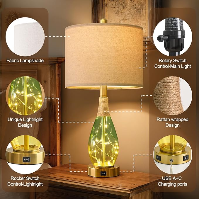 OYEARS 23" Table Lamps Set of 2,Farmhouse Lamps with Glass Nightlight, Bedside Lamps for Living Room, Rattan Lamps for Bedroom Nightstands, Two Light Points