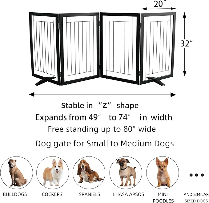 ZJSF Freestanding Dog Gate Indoor, Foldable Dog Fence for Doorways,Hallways or Stairs, Sturdy Wood Extra Wide Pet Gate with Support Feet,Black,32 "Height-4 Panels