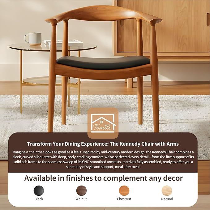 Tomile Upholstered Dining Chair Kennedy Armchair, Mid Century Modern Kitchen & Dining Chairs with PU Leather Cushion Seat, Hans Wegner Elbow Chair for Living Room Bedroom Office (Chestnut Color)