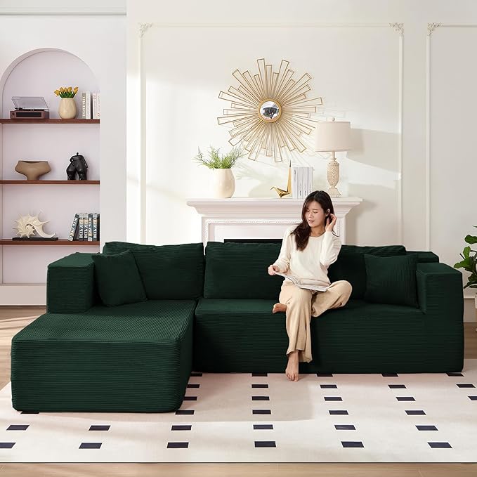 PUREMIND 106" Cloud Sectional Couch for Living Room, Corduroy L Shape Sofa with Deep Seat, Modern Green Couches Modular Boneless Foam Couch Corner Couches, No Assembly Required