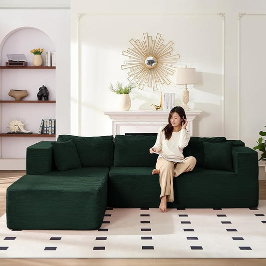 PUREMIND 106" Cloud Sectional Couch for Living Room, Corduroy L Shape Sofa with Deep Seat, Modern Green Couches Modular Boneless Foam Couch Corner Couches, No Assembly Required
